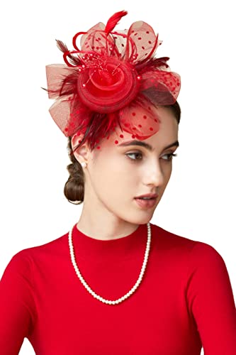 BABEYOND Fascinators Hats for Women Tea Party Flower Tulle Bead Derby Hat - color: Red