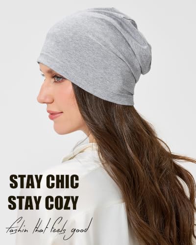 100% T-Shirt Cotton Slouchy Beanie Women Men,Lightweight Chemo Hat - color: Light Grey(2-layer)