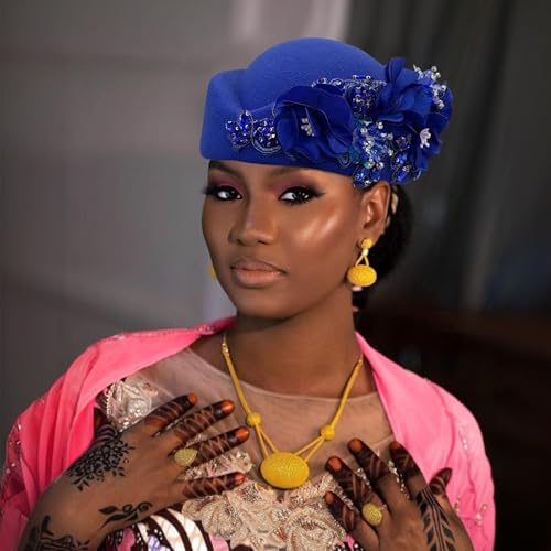 Beret Hats for Women British Felt hat Women's Church Derby Headdress Women's Floral hat Suitable for Wedding Parties Events - color: Royal Blue
