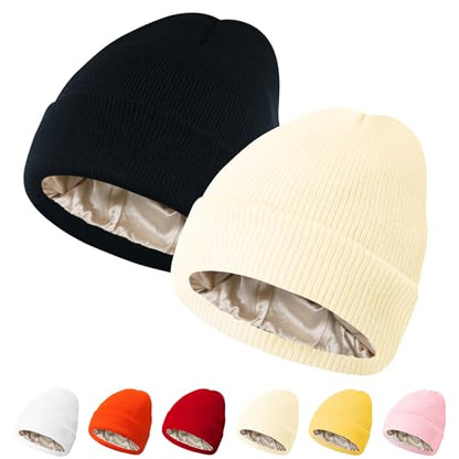PFFY Womens Satin Lined Beanie Silk Lining Winter Hats Beanies for Women - color: Black+beige