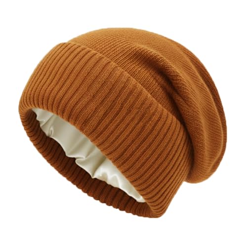 Facecozy Satin Lined Beanie for Women Soft Satin Lining Slouchy Winter Hats - color: Dark Orange