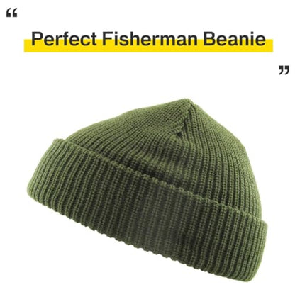 Fisherman Short Beanie Leon Roll up Trawler Classic Skullcap Hipster Beanie Warm Winter Hats Acrylic Ribbed Knit Cuff Daily - color: 3. Olive Fisherman Beanie