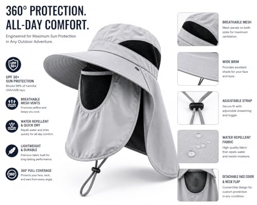 Sun Hat with Neck Flap and Face Cover, Wide Brim Fishing Hat with Mesh Ventilation, UPF 50+ UV Protection - color: Light Grey