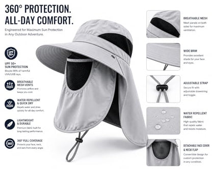 Sun Hat with Neck Flap and Face Cover, Wide Brim Fishing Hat with Mesh Ventilation, UPF 50+ UV Protection - color: Light Grey