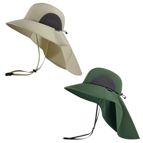 UPF 50+ Foldable Sun Hats Wide Brim with Large Neck Flap for Men Women UV Protection Gardening Fishing Beach Hat - color: Pack of 2, Beige & Green