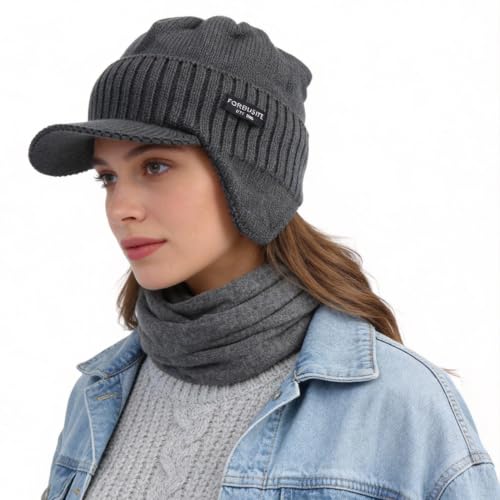 Ruphedy Mens Beanie with Brim Winter Hat Knitted Thick Fleece Visor Beanie - color: B323-grey