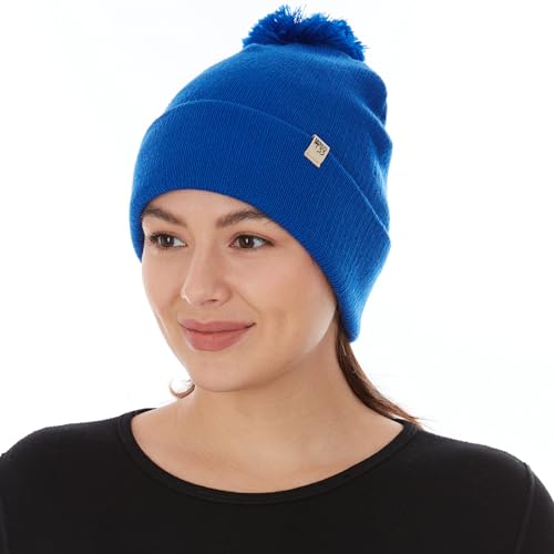 100% Merino Wool - Midweight Cuff Pom Beanie - Winter Pom Pom Hat - color: Royal Blue