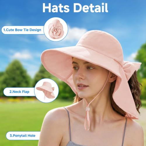 Womens Ponytail Hole Sun Hat with Neck Flap Outdoor UPF 50+ - color: Pink