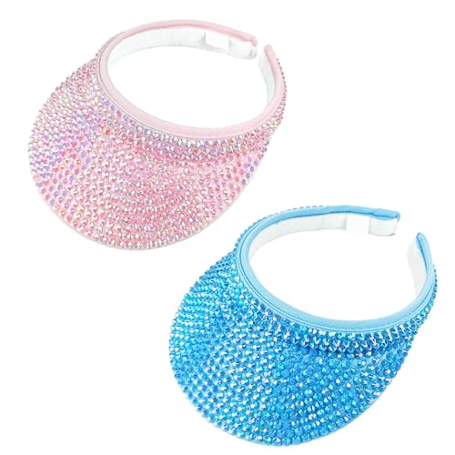 2 Pack Sparkly Rhinestone Clip on Visor Hats Women Men Sun Visors Hat Crystal Studded Shiny Sports Golf Beach Tennis Caps - color: Pink-blue