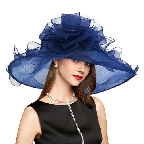 2026 Kentucky Derby Hat for Women Ladies, Organza Veil Feather Fascinator for Tea Party Church UV Protection Sun Hat - color: Dark Blue