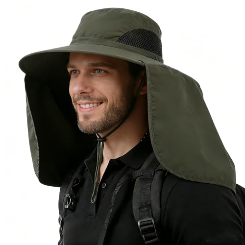 HUAMULAN Women Men Wide Brim Sun Hat Hiking Fishing Hats with Neck Flap - color: Yq005-armygreen