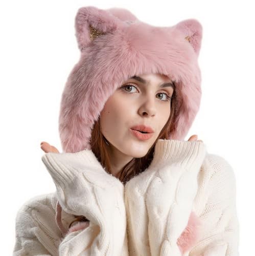 Outdoor Warm Earflap Beanie Hat with Brim Baseball Slouchy Knitted Visor Skull Caps for Women Men Black - color: Pink