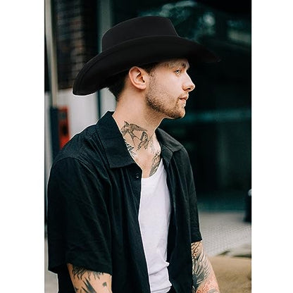 Cowboy Hat Water-Resistant Felt Hats 100% Wool Wide Brim Western Panama Rancher Hat for Women Men - color: Black 01-cowboy Hat, size: 7 1/8