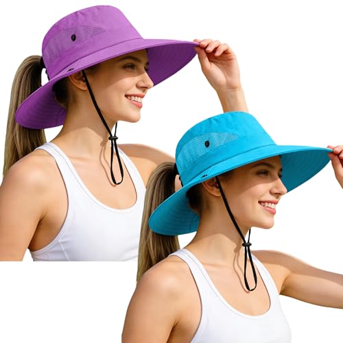 Rosoz Ponytail Sun Bucket Hats for Women UV Protection Foldable Wide Brim - color: 2pack-pure Blue&pure Purple