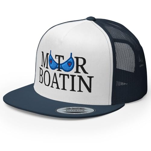 NX Motor Boatin Embroidered Flat Bill Trucker Hat High Crown Snapback Cap - color: Navy/ White/ Navy