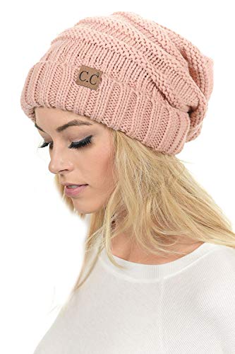 C.C Hat-100 Oversized Baggy Slouch Thick Warm Cap Hat Skully Cable Knit Beanie - color: Indi Pink