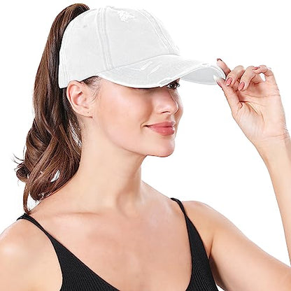 Criss Cross Ponytail Hat Women Washed Distressed Baseball Caps Adjustable High Messy Bun Ponycap - color: B - Denim White