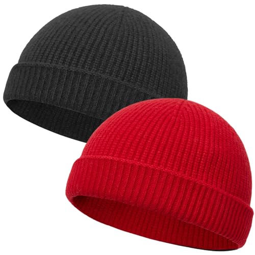 Thin Wool Fisherman Beanie Hat Unisex Cuffed Trawler Skull Cap - color: 2pcs- Black+red