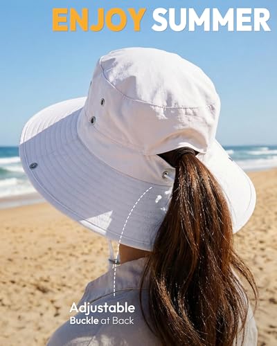 Women Sun Hat with Ponytail Hole Wide Brim Bucket Sun Protection for Summer - color: White