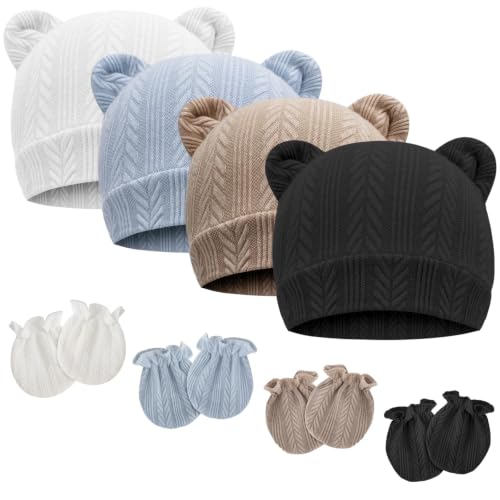 Newborn Baby Hat and Mittens Set Bear Ears Toddler Infant Beanie Caps Newborn Hospital Hat for Baby Boy Girl 0-3 Months - color: 4 Sets A: Wheat Patterned Bear Ear Hats & Mittens Cc(0-3 Months)