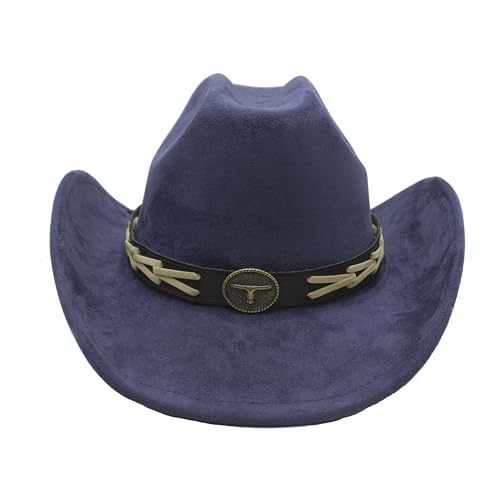 Western Cowboy Hat for Women Men with Band Wide Brim Suede Cowboy Cowgirl Hat Western Style Hat - color: Navy Blue