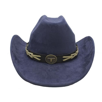 Western Cowboy Hat for Women Men with Band Wide Brim Suede Cowboy Cowgirl Hat Western Style Hat - color: Navy Blue