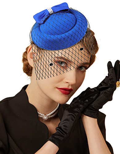 Fascinator Hats for Women 20s 50s Vintage Pillbox Hat Kentucky Derby Fascinators Flower Veil Wedding Tea Party Hat - color: 11c-blue