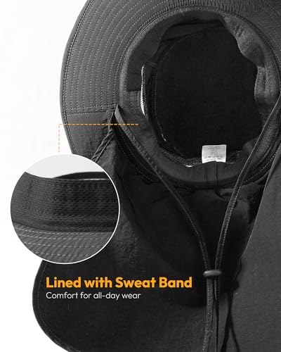 Sun Hats for Men Wide Brim Bucket Hat with Neck Flap for Fishing & Hiking Mens Sun Hat for UV Protection - color: Black