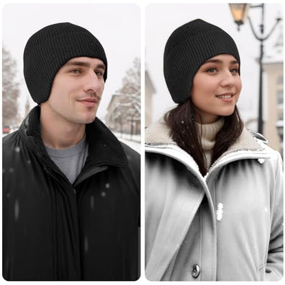 Women's Earflap Beanie, Cap with Ear Flaps, Knit Winter Hat for Men - color: Black