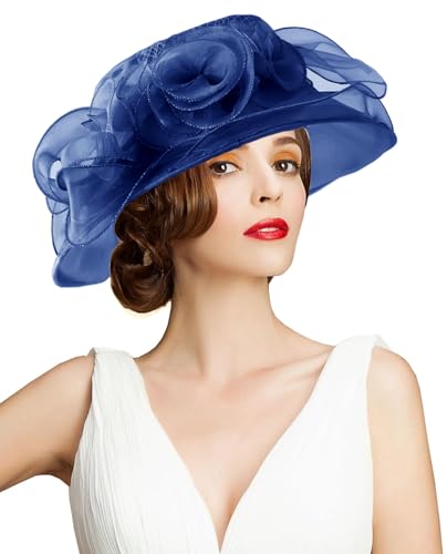 Women's Kentucky Derby Church Dress Hat Wide Brim Leaf Flower Bridal Shower Hat - color: A4 Navy
