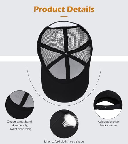 Blank Mesh Back Trucker Hat for Men and Women, Unisex Adjustable Snapback Baseball Cap, Adult Plain Classics Retro Hat - color: Black