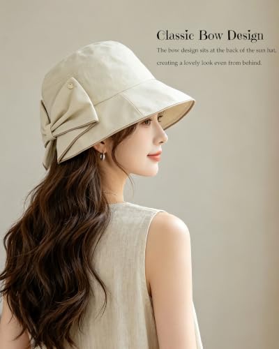 Women's Foldable Wide Brim Bowknot Bucket Hat Sun Protective - color: Off-white