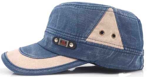 Men Flat Top Hat Cadet Army Cap Twill Cotton Baseball Military Cap - color: F - Blue