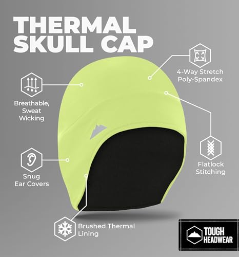 Tough Headwear Thermal Skull Cap - Moisture-Wicking Running Beanie - Snug Fit Ski Helmet Liner - Lightweight Cycling Cap - color: Reversible Black + Hi-viz Yellow