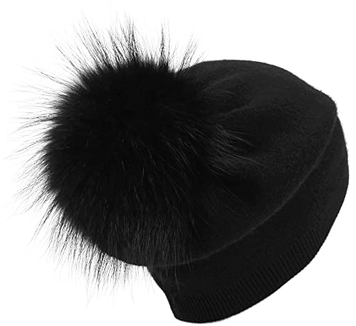 Women's Double Layer Winter Slouchy Knit Beanie Hat with Real Fur Pom Pom - color: Black Pom 3