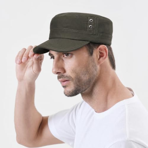 Cadet Army Cap Unisex Military Hat Adjustable Flat Top Cap Baseball Cap - color: Round Button Army Green