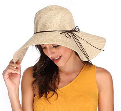 Lanzom Womens Wide Brim Straw Hat Big Floppy Foldable Roll up Cap Beach Sun Hat UPF 50+ - color: Beige