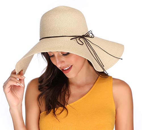 Lanzom Womens Wide Brim Straw Hat Big Floppy Foldable Roll up Cap Beach Sun Hat UPF 50+ - color: Beige
