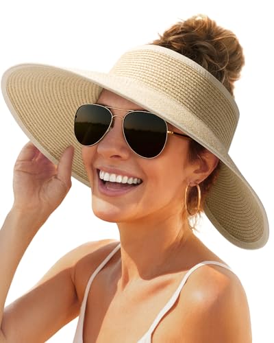 FURTALK Womens Sun Hat with Ponytail Hole Wide Brim Beach Straw Visor - color: 06-mix Beige