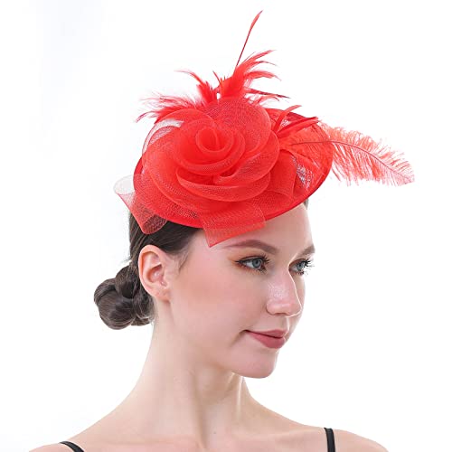 Fascinator Hat with Feather and Mesh – Floral Headpiece for Tea Party, Wedding, Cocktail Event - color: Red