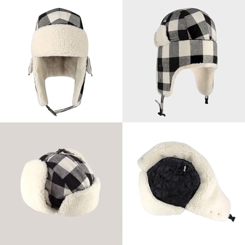 Buffalo Plaid Winter Trapper Hat, Sherpa Lined Ear Flap Hunting Cap Men - color: Buffalo Plaid (Black)
