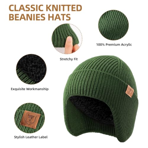 OZERO Winter Beanies Hats Men: Beanie with Ear Flaps - color: Army Green