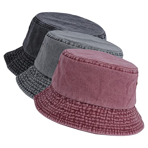 Washed Cotton Bucket Hats Packable Summer Beach Cap for Men Women - color: Ce-bh-black-gray-winered