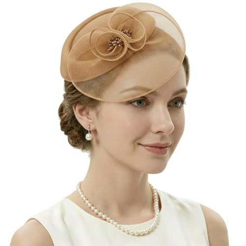DRESHOW Fascinator Hats for Women Cocktail Tea Party Hat Netted Pillbox Hat Vintage Derby Hats for Bridal Wedding - color: Pillbox Hat: Khaki