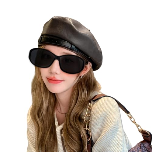 MINGSEECESS Women PU Leather French Black Beret Hat Causal Beanie Hat - color: Belt-brown