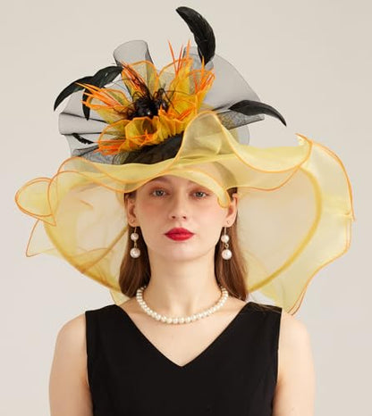Women Derby Church Hat Organza Flower Wedding Tea Party Fascinator Wide Brim Sun Hat - color: 10-yellow Orange