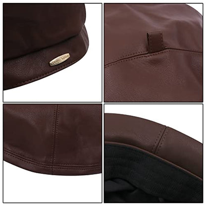 Women Classic PU Leather French Beret Beanie Hat Pumpkin Cap - color: Coffee 2#