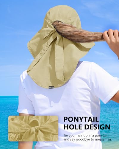 Womens Sun Hat Outdoor UV Protection Wide Brim Fishing Hat with Ponytail Hole Neck Flap for Beach Hiking Camping - color: Light Khaki