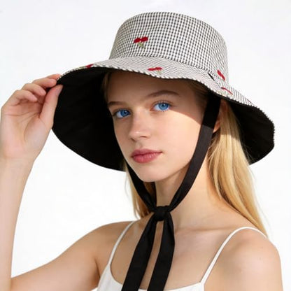 Women's Reversible Bucket Sun Hat with Cherries Embroidered Pattern, UPF 50+ UV Protection, Water Resistant for Beach Hiking - color: Black