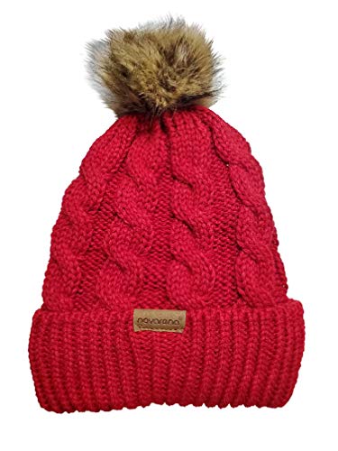 Novarena Thick Cable Knit Faux Fuzzy Fur Pom Fleece Lined Skull Cap Cuff Beanie - color: Red Pom Beanie